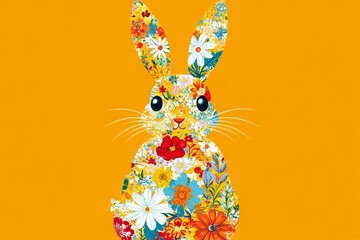 Naklejka premium Bright floral bunny with vibrant colors and cheerful expressions against a yellow background