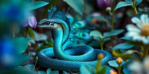 Fototapeta premium Colorful snake with peacock feathers in a vibrant garden landscape during daylight hours