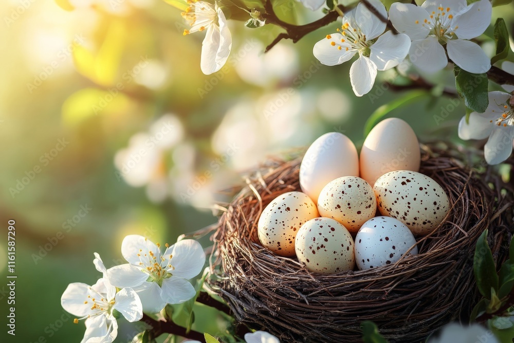 Poster nest with various eggs surrounded by blooming flowers under soft sunlight in a serene garden setting