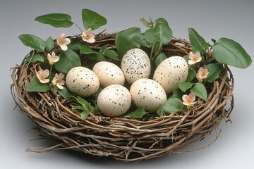 Fototapeta premium Nest containing six speckled eggs surrounded by green leaves and delicate flowers