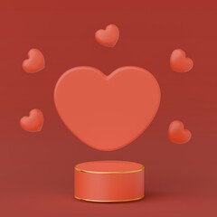 Runway design with hearts. Minimal red background for Valentine's Day. 3d product podium podium.