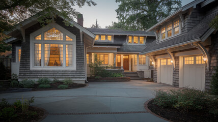 Fototapeta premium A beautiful craftsman-style home with warm lighting, showcasing intricate woodwork and a welcoming entrance surrounded by lush greenery.