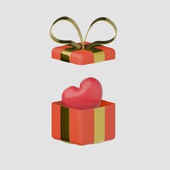 A red gift box with a white ribbon opens to reveal multiple hearts popping out, symbolizing love and surprise.