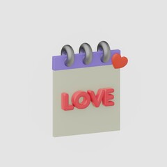 Purple notebook with a pink heart and the word love symbolizing love and reminders. 3D rendering of the illustration