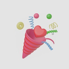 Emoji icon for lovers' parties with confetti with a heart. an illustration of 3D rendering.