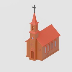 A three-dimensional simple church with a red roof in a cartoon style. 3D render illustration