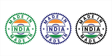 Bold Made in India badge with national flag colors in a circular design. Perfect for branding, packaging, and promoting authentic Indian-made products.