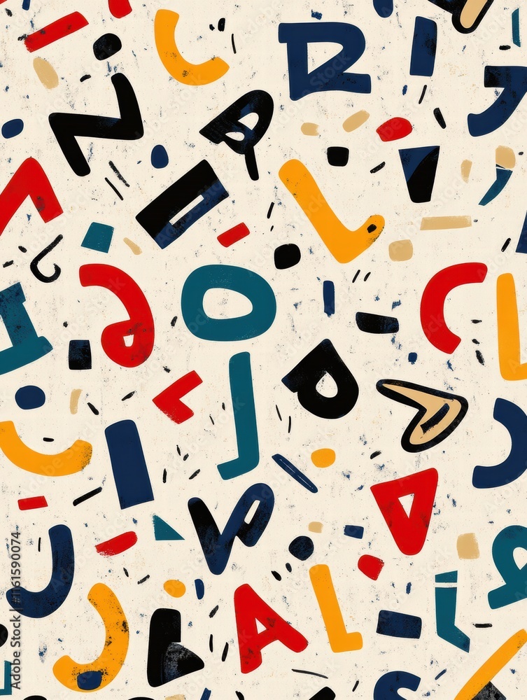 Aufkleber colorful stylized alphabet pattern with playful shapes and vibrant hues on a textured background. ge