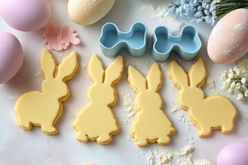 Colorful bunny-shaped cookies arranged with pastel eggs and flower decorations for a festive spring celebration