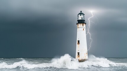 Obraz premium Dramatic Lighthouse in Stormy Sea with Lightning Strike Coastal Nature Photography
