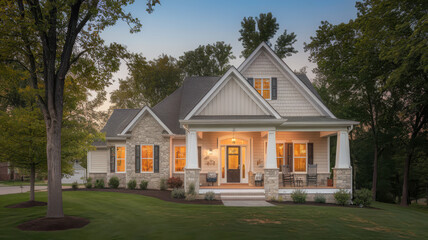 Charming suburban home with a welcoming porch, featuring evening lights reflecting warm hues, surrounded by lush greenery.