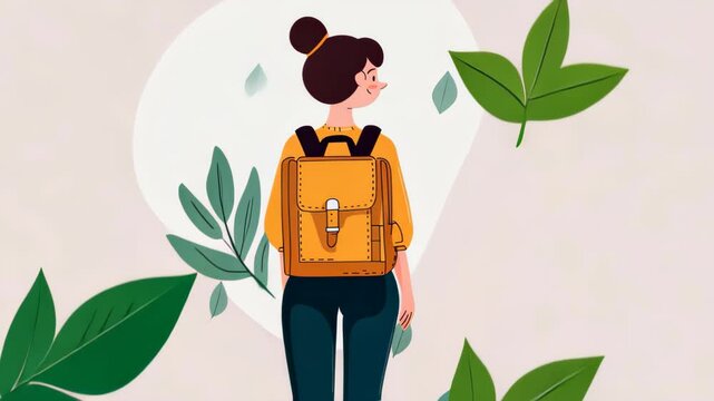 A minimalistic vector illustration of a woman with a backpack, showcasing modern textures and a cartoonish style.