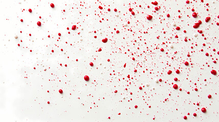 Vibrant crimson droplets scatter across pristine white surface, evoking visceral response, abstract representation of violence, trauma, or medical theme. Vesperal. Illustration