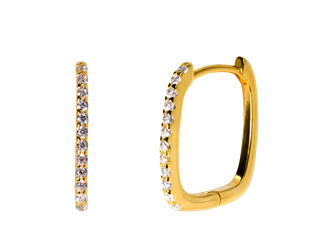 Pair of rectangle square shape gold hoop earrings with cubic zirconia or diamonds, front and side view isolated cutout on transparent © Julia