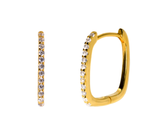 Pair of rectangle square shape gold hoop earrings with cubic zirconia or diamonds, front and side view isolated cutout on transparent