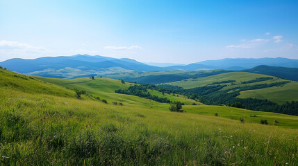 Fototapeta premium Vast green hills under bright blue sky, natural beauty and serenity