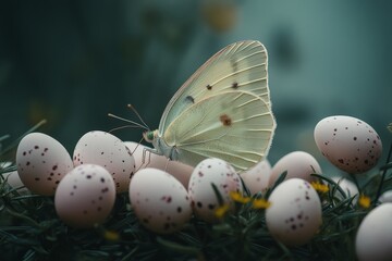 Beautiful butterfly laying eggs on speckled surface in a lush garden during early morning light