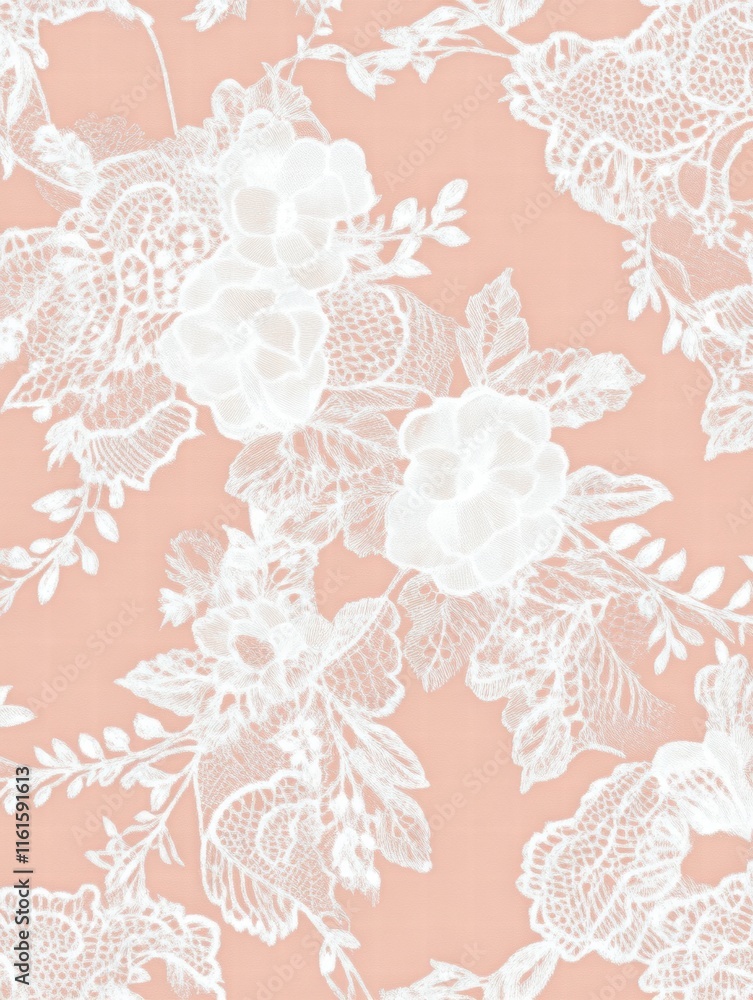 Poster delicate lace inspired seamless pattern featuring floral elements on a soft peach background. genera