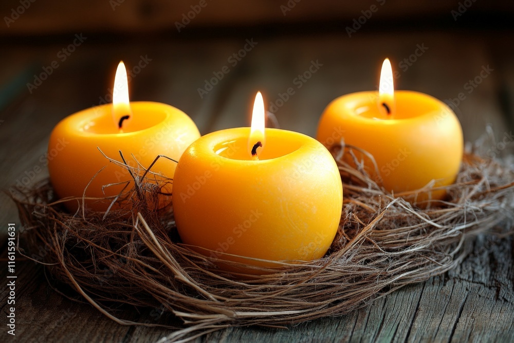 Aufkleber Three vibrant yellow candles in a nest on a wooden surface create a warm and inviting atmosphere