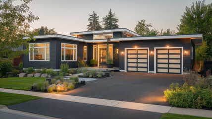 Fototapeta premium A modern, stylish black house with large windows and a beautifully landscaped yard, illuminated by warm lights in the evening glow.