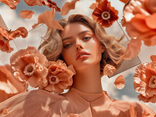 Blond woman surrounded by peach blossoms, bathed in sunlight.  Femininity and spring aesthetic.