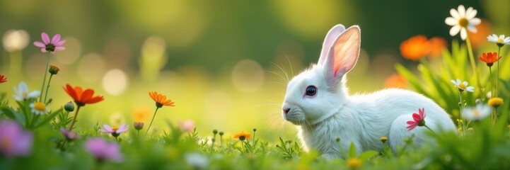 Obraz premium White bunny resting peacefully amidst wildflowers and tall grass, pet, soft