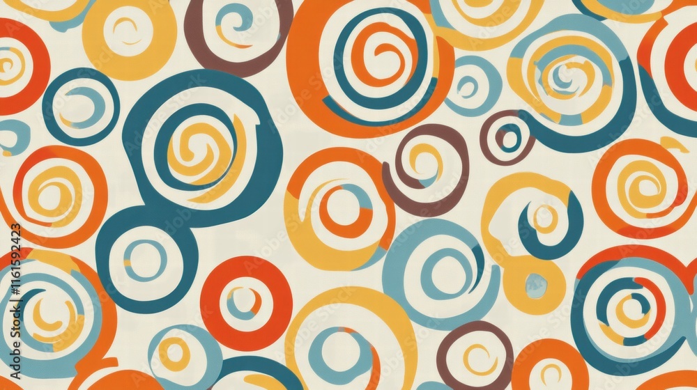 Poster retro inspired colorful spiral pattern featuring curved lines in vibrant 70s hues for nostalgic desi