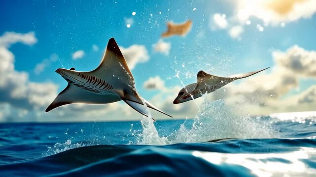 Elegant mobula rays soar above the sea in this stunning K hyperrealistic image, capturing natures beauty in motion.