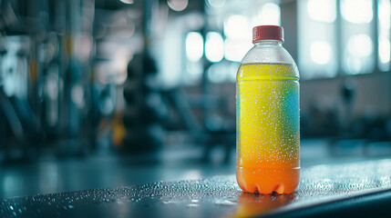 A colorful drink in a plastic bottle, placed on a gym bench, with a gym setting in the background, evoking a sense of fitness, health, and energy, perfect for post-workout refreshment.