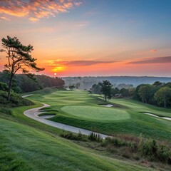 Terrain de golf au lever du soleil : Paysage apaisant et sportif.