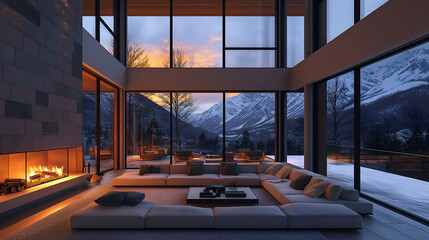Fototapeta premium Aesthetic minimalist apartment interior with fireplace. Panoramic big windows. Modern design. Winter landscape with mountain view.
