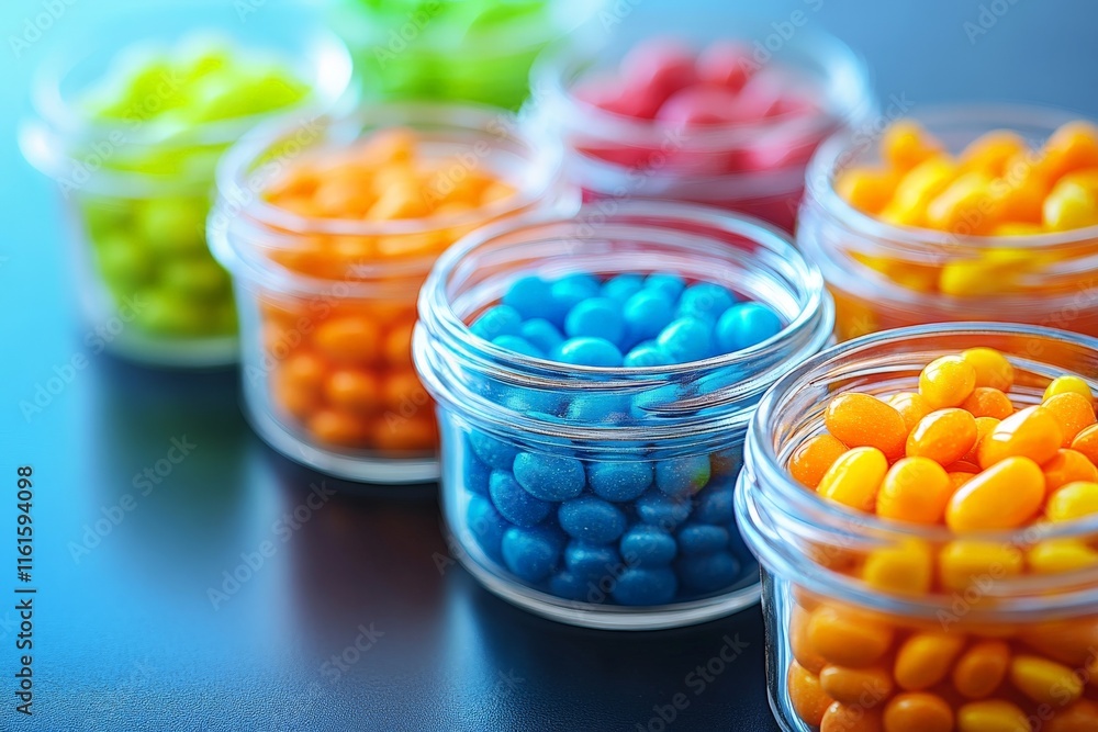 Aufkleber colorful candy jars arranged in a vibrant display on a black table showcasing assorted sweets