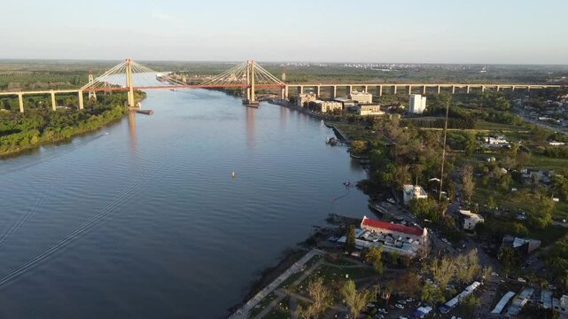 Panoramic view of the Zarate Brazo Largo bridge complex and the tourist waterfront in Buenos Aires