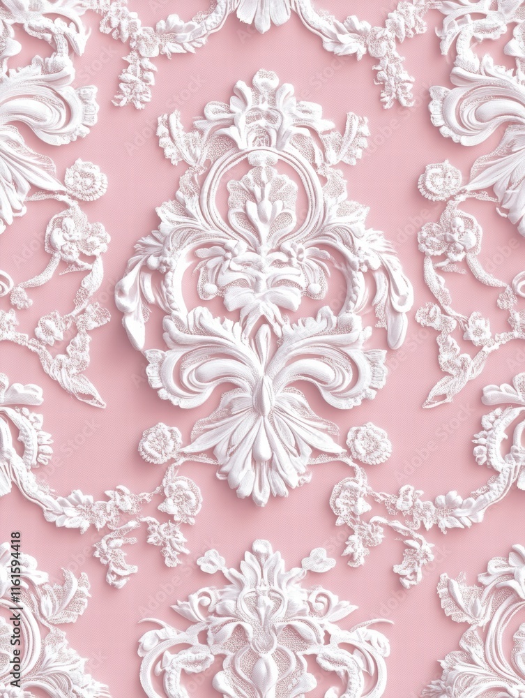 Poster Lace inspired seamless pattern in delicate white and soft pink showcasing intricate design elements and flowing forms. Generative AI