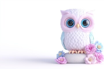 Obraz premium Adorable pastel owlet surrounded by blossoms on white background