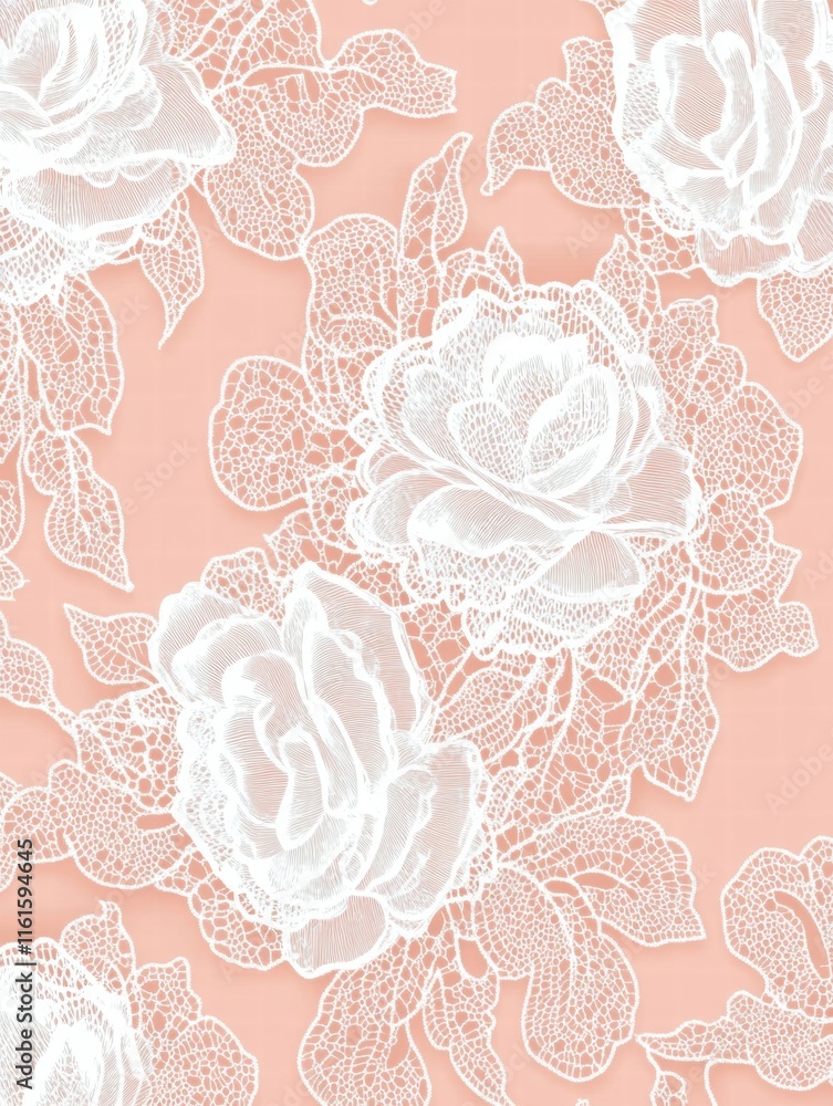 Poster Lace inspired seamless pattern featuring delicate white roses on a soft peach background. Generative AI