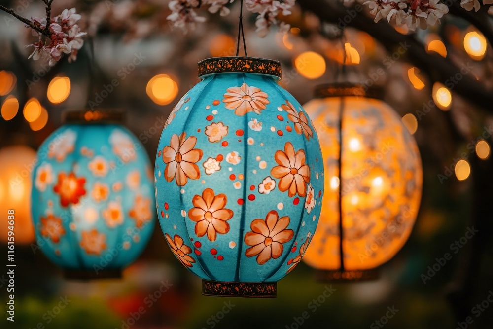 Poster colorful paper lanterns illuminate a garden at dusk, creating a warm and inviting atmosphere for eve