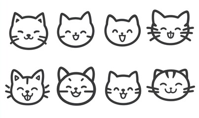 Obraz premium Eight cute cartoon cat faces, simple line art.