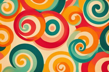 Colorful spirals and curved lines create a vibrant retro pattern in warm 70s hues. Generative AI
