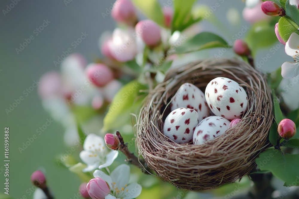 Aufkleber nest with speckled eggs among blooming flowers in a serene spring setting
