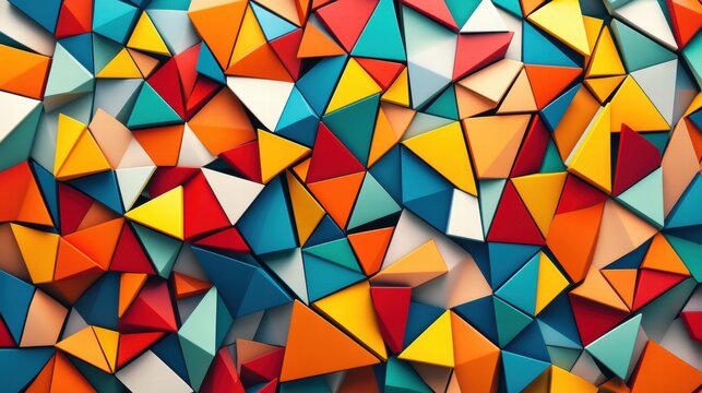 Mosaic inspired pattern of colorful triangles creating an abstract design. Generative AI - Powered by Adobe