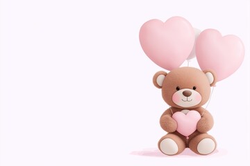 Obraz premium Adorable teddy bear holding pink heart balloons on a white background