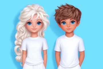 Cute cartoon kids with blue eyes and white t-shirts on blue background