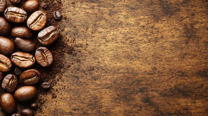 Freshly Roasted Coffee Beans Piled on a Rustic Wooden Table with Ground Coffee Creating an Inviting and Cozy Atmosphere for Coffee Lovers and Enthusiasts