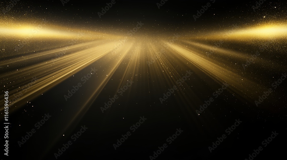 Poster Golden light rays shining through abstract dark background with sparkling dust particles