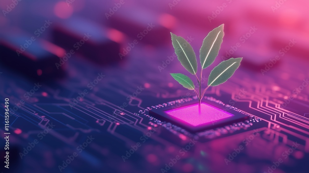 Aufkleber futuristic concept of nature and technology integration with green plant emerging from microchip on 