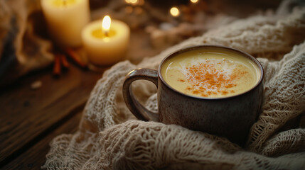 A mug of golden milk, made with frothy turmeric-infused almond milk and dusted with cinnamon, resting on a rustic table surrounded by soft fabric and warm candlelight, creating a cozy, soothing vibe.