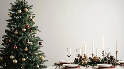 Christmas tree next to a festive table setting in a cozy dining room, white background