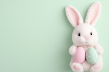 Obraz premium Adorable bunny with easter eggs on pastel green background