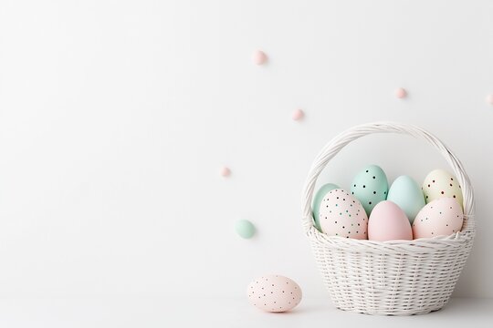 Pastel easter eggs in white basket against minimalist background - Powered by Adobe